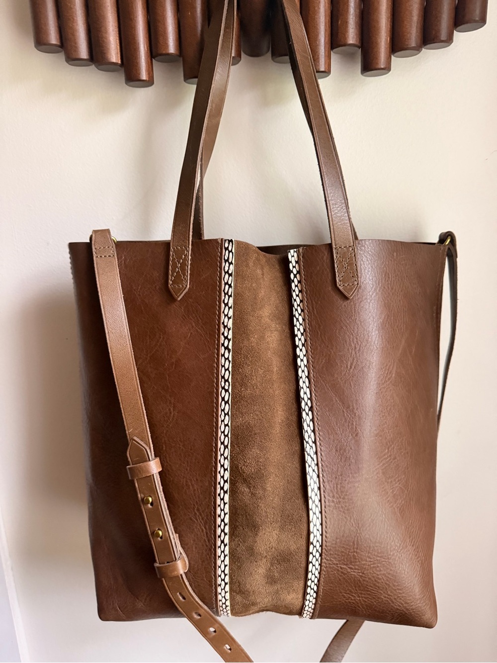 Madewell Brown Leather Tote with Suede Center and Braided Trim